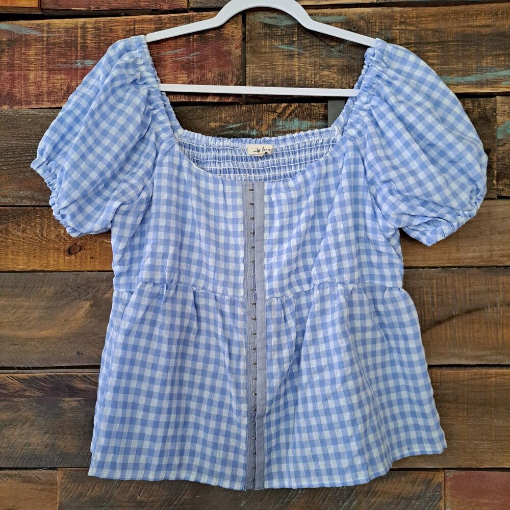 In Loom Women's Gingham Top Size M Puff Sleeve Stretch Back Country Cottagecore
